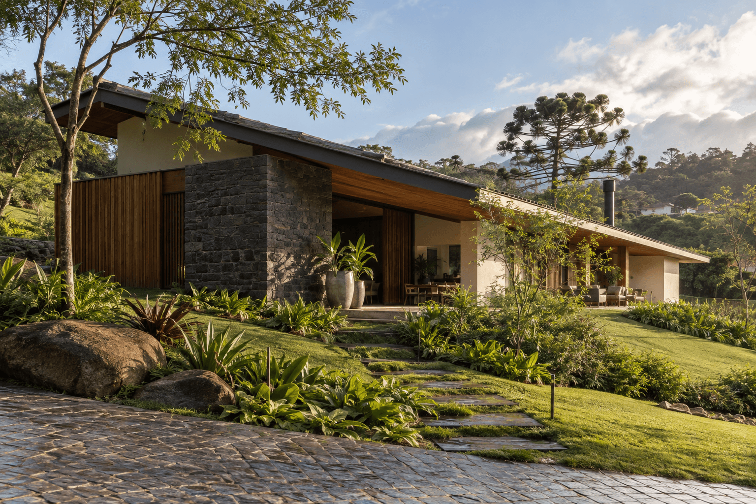 Imagem fictícia do Projeto Araucária, uma residência térrea contemporânea com cobertura inclinada, pedra, madeira e jardim em terreno inclinado.