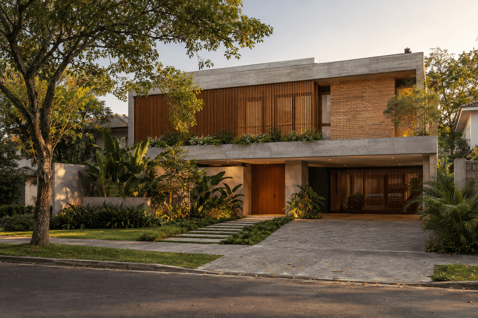 Imagem fictícia do Projeto Jacarandá, uma residência contemporânea de dois pavimentos com concreto, tijolos, madeira e paisagismo tropical.