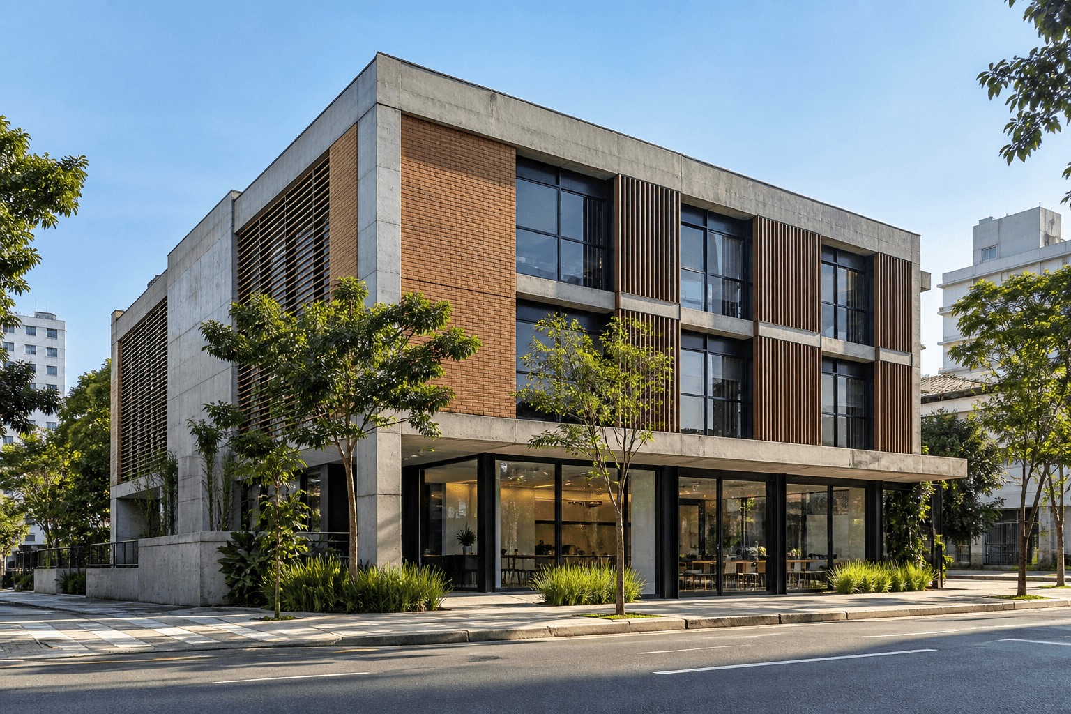 Imagem fictícia do Projeto Pau-Brasil, um edifício comercial contemporâneo de três pavimentos em contexto urbano brasileiro.